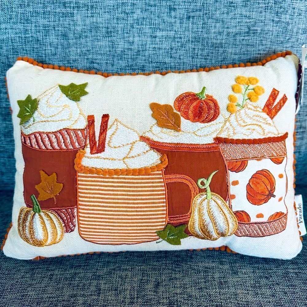 Fall Pumpkin Spice Latte Coffee Shop Cups Theme Textured Autumn Throw Pillow